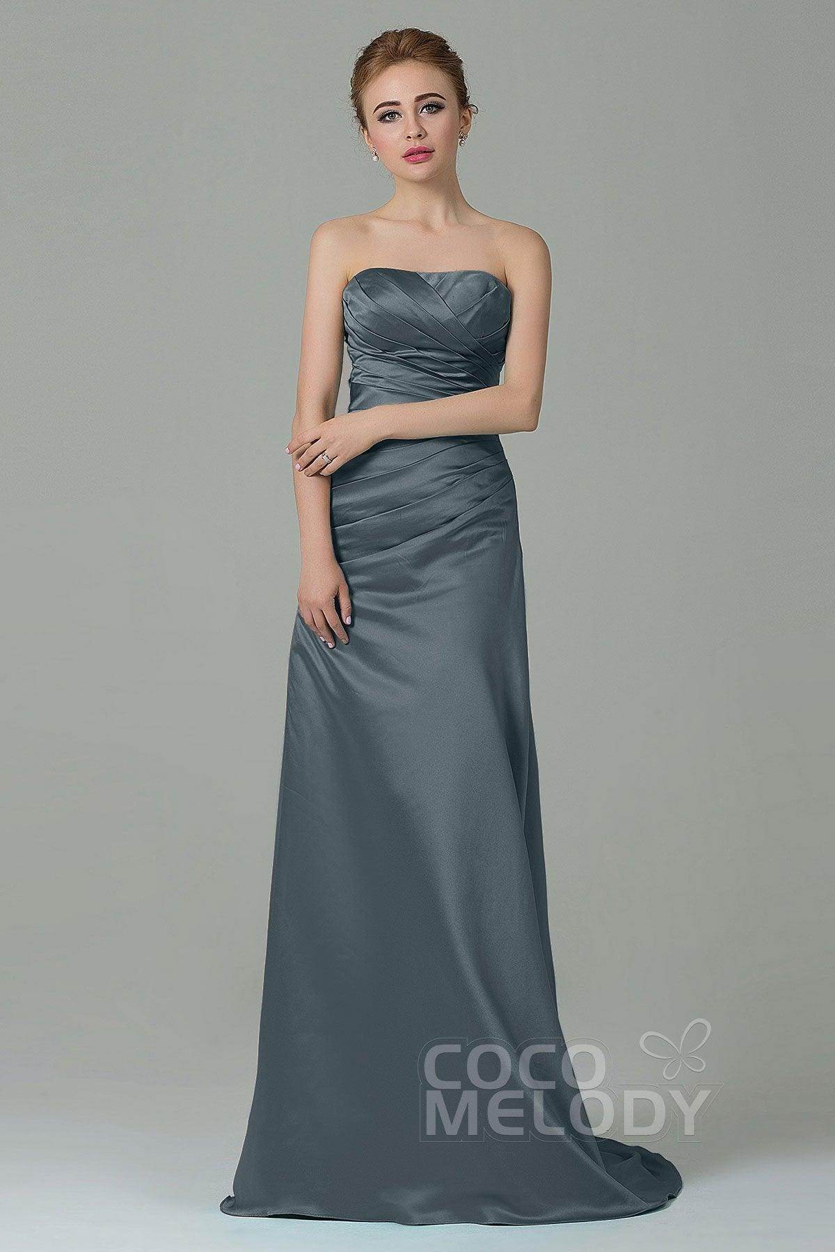 Sheath-Column Sweep Train Satin Bridesmaid Dress COZF15010 - COCOMELODY